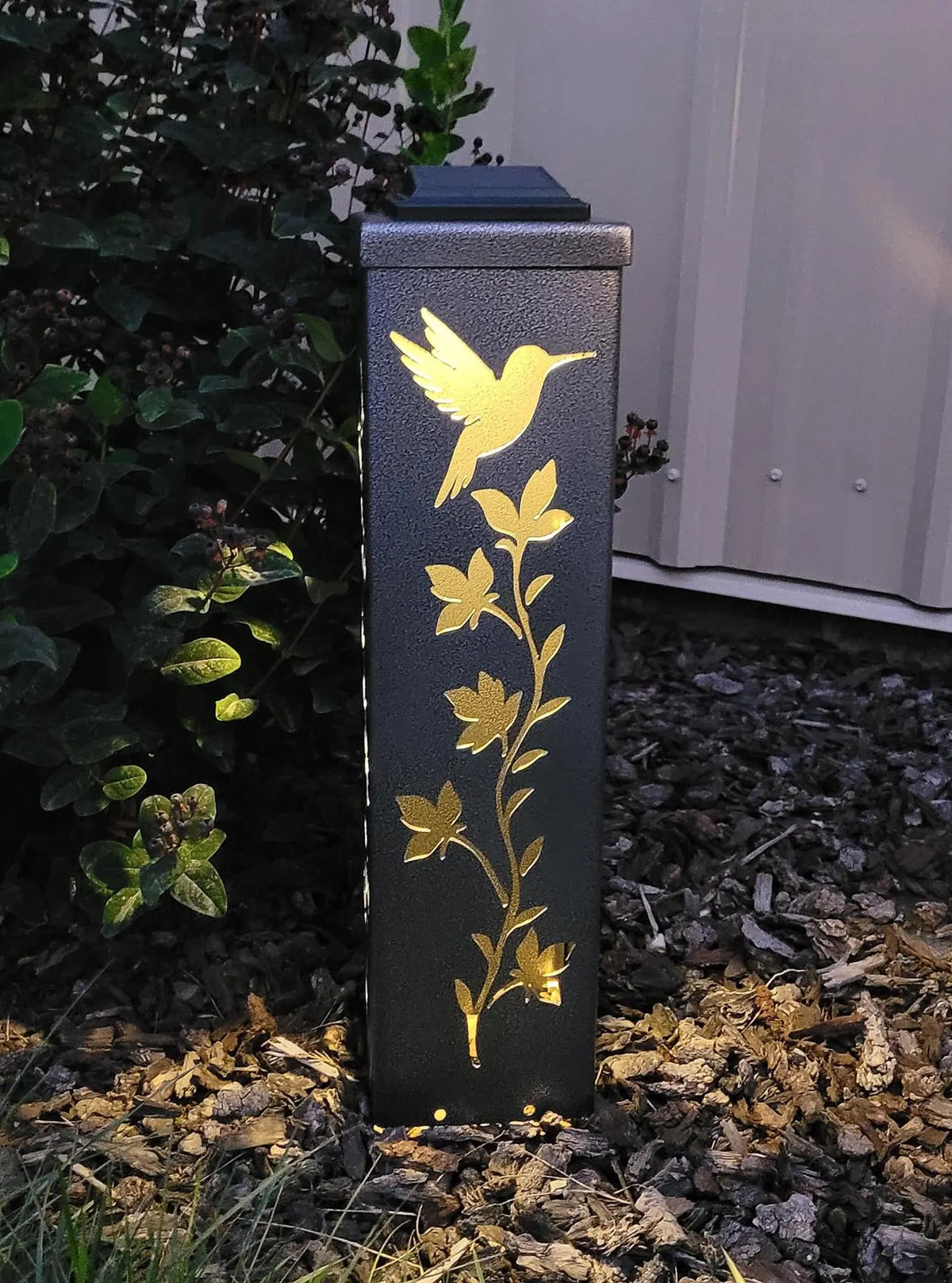 Hummingbird Solar Light Lantern Column - Night view